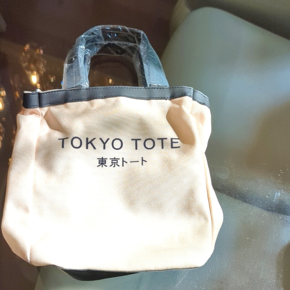 Shiseido Ginza Tokyo off white tote makeup bag with black handles. Small size.